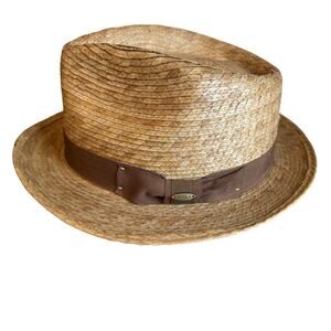 Scala Landon Buri Braid Straw Fedora Hat Natural Grosgrain Ribbon Trim L/XL